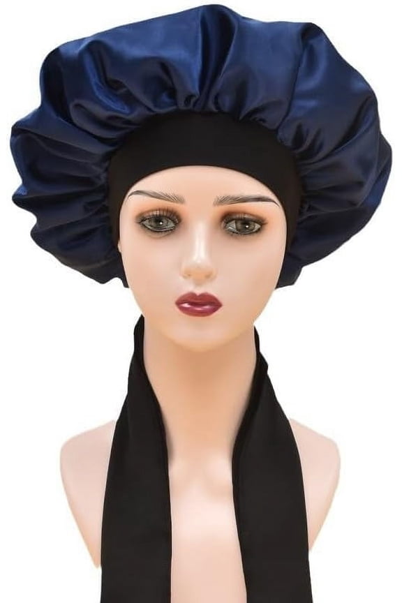 Silky Satin Hair Bonnet Sleep Cap for Women and Girls - Wide Band Elastic Bonnet with Tie for Curly, Straight Hair Navy