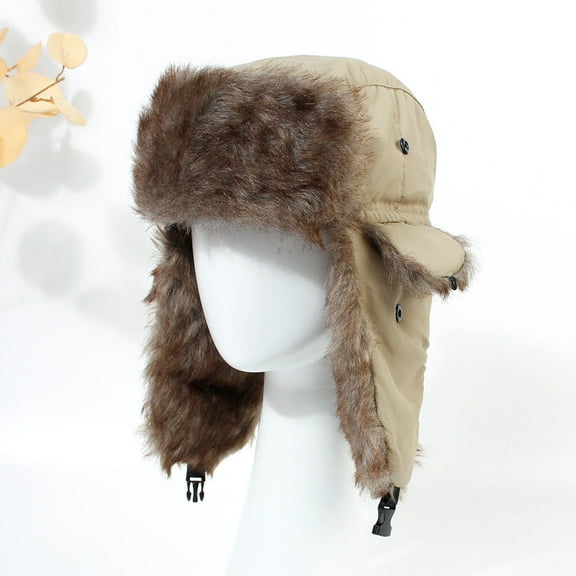 BLSCODE Unisex Winter Hat Russian Earflap Hat Keep Warm Ski Hat Men Women Faux Fur Man Unisex Bomber Hats For Women Khaki