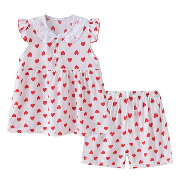 BLTIBY 1-5 Years Toddler Baby Girls 2 Piece Outfits Summer Printed Flying Sleeve Tops Shorts Sets Casual Round Neck Fashion Home Suits Red1-2 Years