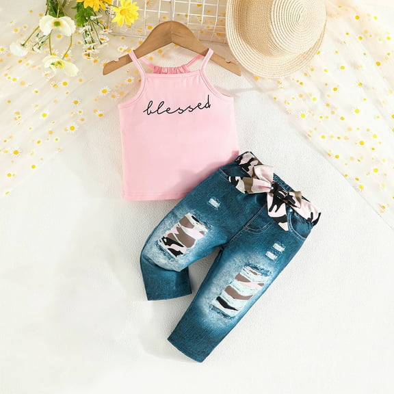 BLTIBY 1-6 Years Toddler Baby Girls 2 Piece Outfits Summer Printed Sleeveless Tops and Pants Sets Casual Round Neck Fashion Suits Pink0-1 Years