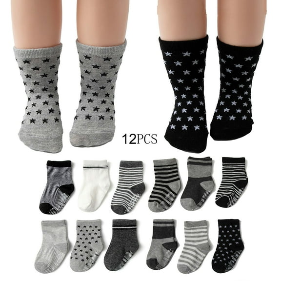 BLTIBY 12 Pack Baby Toddler Boys Girls Mid-Calf Sports Sock Newborn Infant Child Printed Cotton Grip Cute Floor Socks Multicolor 1-3 Years