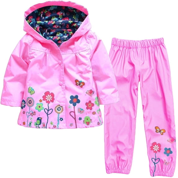 BLTIBY 18Months-5years Toddler Girl Baby Kid Waterproof Jackets Hooded Floral Printed Long Sleeve Pants Rainproof Outwear Suit Raincoats Pink 5 Years