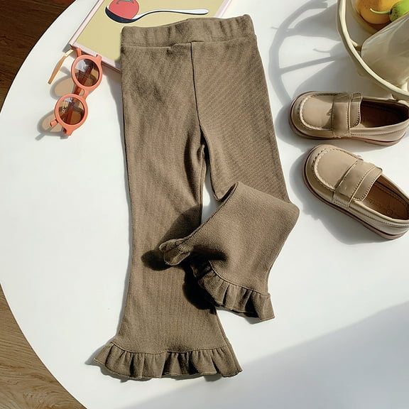 BLTIBY 2-8Years Toddler Baby Girl Flare Pants Solid Colour Cotton Trouser for Infant Little Girls Wide Leg Ruffle Pant Ribbed Bell Bottoms Legging Trousers Army Green 6-7Years