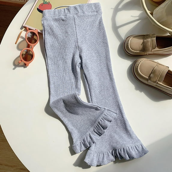 BLTIBY 2-8Years Toddler Baby Girl Flare Pants Solid Colour Cotton Trouser for Infant Little Girls Wide Leg Ruffle Pant Ribbed Bell Bottoms Legging Trousers Gray 4-5Years