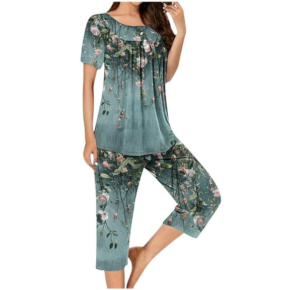 BLTIBY 2 Pack Women's Floral Pajama Set Loose Printed Loungewear Pjs Sets Short Sleeve Tops & Knee Length Shorts Green L