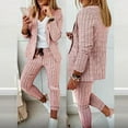 thumbnail image 1 of BLTIBY 2 Piece Outfits for Women Plaid Printed Blazer and Drawstring Pants V Neck Long Sleeve Slim Fit Business Suit with Pockets Pink M, 1 of 6