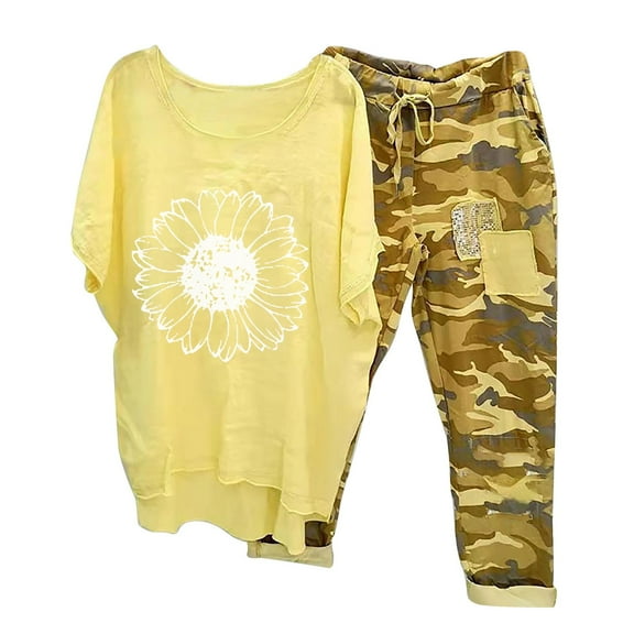 BLTIBY 2 Piece Set for Women Summer Loose Short Sleeve Round Neck Shirts Wide Leg Drawstring Pants Sets Fashion Outfits with Pockets Yellow 2 5XL