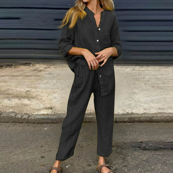BLTIBY 2 Piece Sets for Women Summer 2025 Long Sleeve Button Up Shirts Wide Leg Drawstring Pant Set Plus Size Lightweight Outfits with Pockets Black 4XL