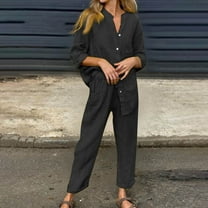 BLTIBY 2 Piece Sets for Women Summer 2025 Long Sleeve Button Up Shirts Wide Leg Drawstring Pant Set Plus Size Lightweight Outfits with Pockets Black L