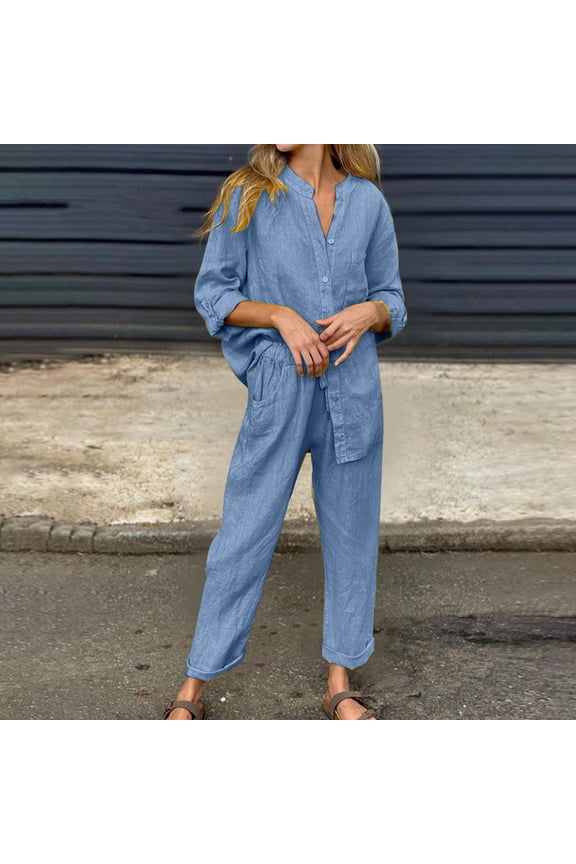 2 Piece Sets for Women Summer 2025 Long Sleeve Button Up Shirts Wide Leg Drawstring Pant Set Plus Size Lightweight Outfits with Pockets Light Blue 5XL
