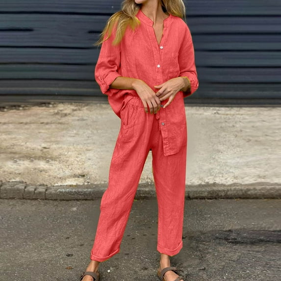 BLTIBY 2 Piece Sets for Women Summer 2025 Long Sleeve Button Up Shirts Wide Leg Drawstring Pant Set Plus Size Lightweight Outfits with Pockets Watermelon Red 3XL
