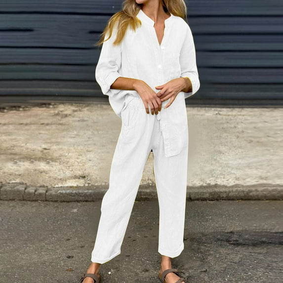 BLTIBY 2 Piece Sets for Women Summer 2025 Long Sleeve Button Up Shirts Wide Leg Drawstring Pant Set Plus Size Lightweight Outfits with Pockets White 3XL