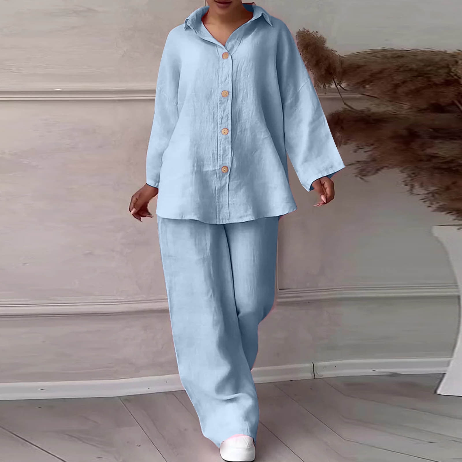 Full Size Relaxed Fit Button Up Shirt and Pants Two-Piece Set Plus Size main image 1