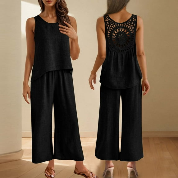 BLTIBY 2 Piece Sets for Women Summer 2025 Solid Color Loose Hollow Out Back Sleeveless Round Neck Shirts Wide Leg Pant Matching Set Vacation Outfits Black XXL