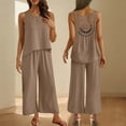 thumbnail image 1 of BLTIBY 2 Piece Sets for Women Summer 2025 Solid Color Loose Hollow Out Back Sleeveless Round Neck Shirts Wide Leg Pant Matching Set Vacation Outfits Khaki M, 1 of 9
