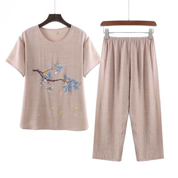 BLTIBY 2 Piece Sets for Women Summer Printed Loose Short Sleeve Round Neck Shirts Wide Leg Pant Matching Set Plus Size Vacation Outfits 2025 Khaki 3XL