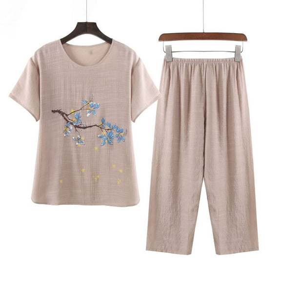 BLTIBY 2 Piece Sets for Women Summer Printed Loose Short Sleeve Round Neck Shirts Wide Leg Pant Matching Set Plus Size Vacation Outfits 2025 Khaki 3XL
