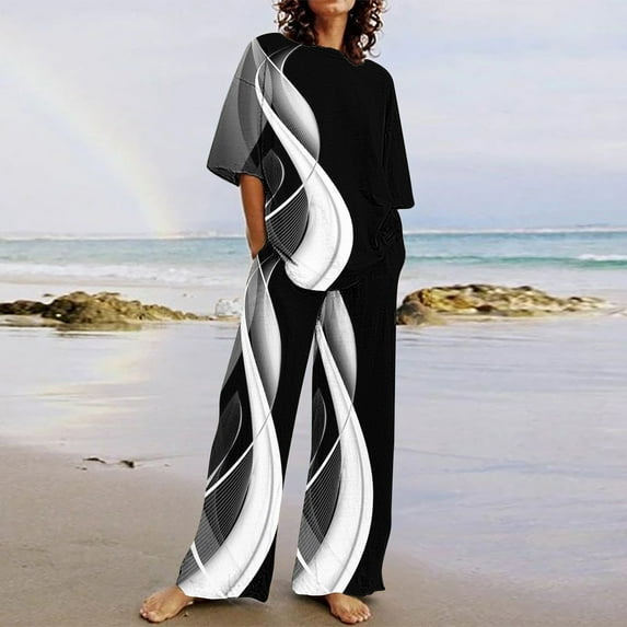 BLTIBY 2 Piece Sets for Women Summer Printed Loose Short Sleeve V Neck Shirts Wide Leg Pants Matching Set Vacation Outfits with Pockets 2025 Black 2 XXL