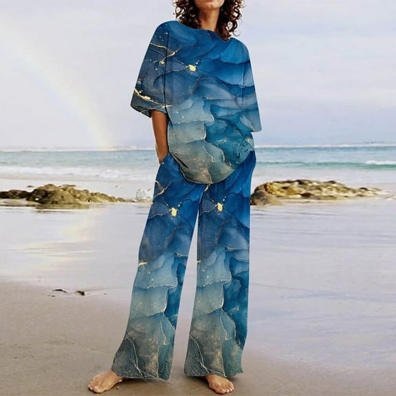 BLTIBY 2 Piece Sets for Women Summer Printed Loose Short Sleeve V Neck Shirts Wide Leg Pants Matching Set Vacation Outfits with Pockets 2025 Dark Blue XXL