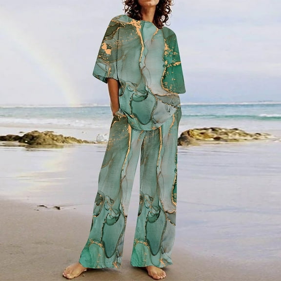 BLTIBY 2 Piece Sets for Women Summer Printed Loose Short Sleeve V Neck Shirts Wide Leg Pants Matching Set Vacation Outfits with Pockets 2025 Green 3 XXL