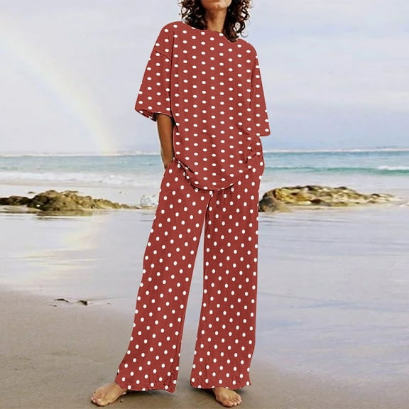 BLTIBY 2 Piece Sets for Women Summer Printed Loose Short Sleeve V Neck Shirts Wide Leg Pants Matching Set Vacation Outfits with Pockets 2025 Orange XXL