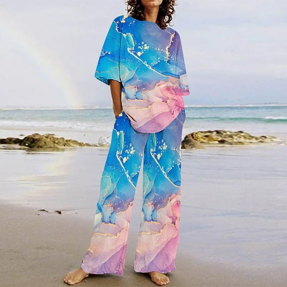 BLTIBY 2 Piece Sets for Women Summer Printed Loose Short Sleeve V Neck Shirts Wide Leg Pants Matching Set Vacation Outfits with Pockets 2025 Pink 2 XXL