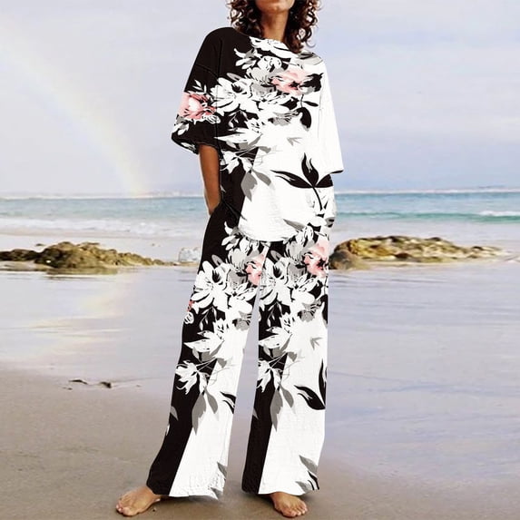 BLTIBY 2 Piece Sets for Women Summer Printed Loose Short Sleeve V Neck Shirts Wide Leg Pants Matching Set Vacation Outfits with Pockets 2025 White 2 3XL