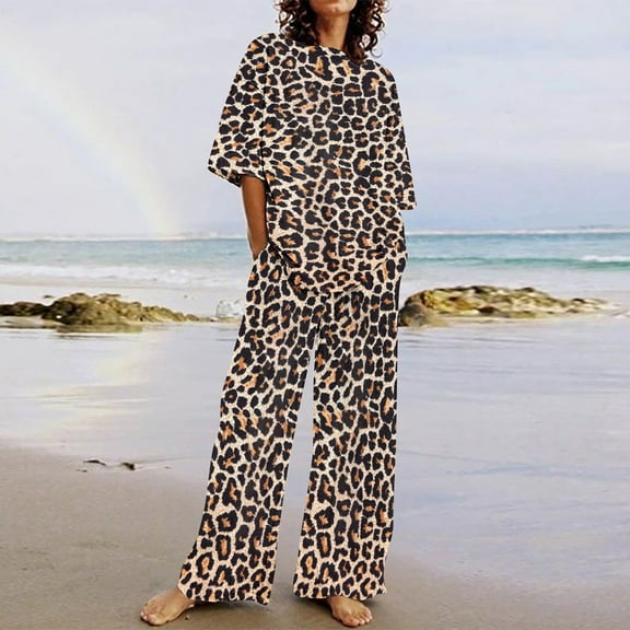 BLTIBY 2 Piece Sets for Women Summer Printed Loose Short Sleeve V Neck Shirts Wide Leg Pants Matching Set Vacation Outfits with Pockets 2025 Yellow 3 XXL