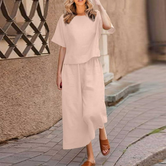 BLTIBY 2 Piece Sets for Women Summer Solid Color Loose Short Sleeve Round Neck Shirts Wide Leg Pant Matching Set Plus Size Vacation Outfits 2025 Pink 3XL