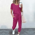 thumbnail image 1 of BLTIBY 2 Piece Sets for Women Summer Solid Color Short Sleeve Round Neck Shirts Wide Leg Drawstring Pants Set Fashion Comfortable Outfits with Pockets Hot Pink XL, 1 of 5