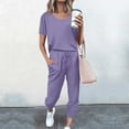 thumbnail image 1 of BLTIBY 2 Piece Sets for Women Summer Solid Color Short Sleeve Round Neck Shirts Wide Leg Drawstring Pants Set Fashion Comfortable Outfits with Pockets Purple XL, 1 of 5