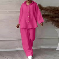 BLTIBY 2 Piece Sets for Women Summer 2025 Long Sleeve Lapel Button Up Shirts Wide Leg Pant Set Plus Size Lightweight Outfits with Pockets Hot Pink XL