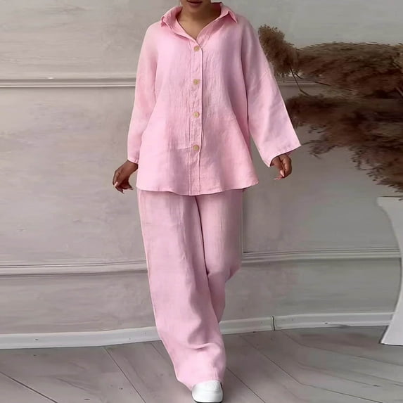 BLTIBY 2 Piece Sets for Women Summer 2025 Long Sleeve Lapel Button Up Shirts Wide Leg Pant Set Plus Size Lightweight Outfits with Pockets Pink M