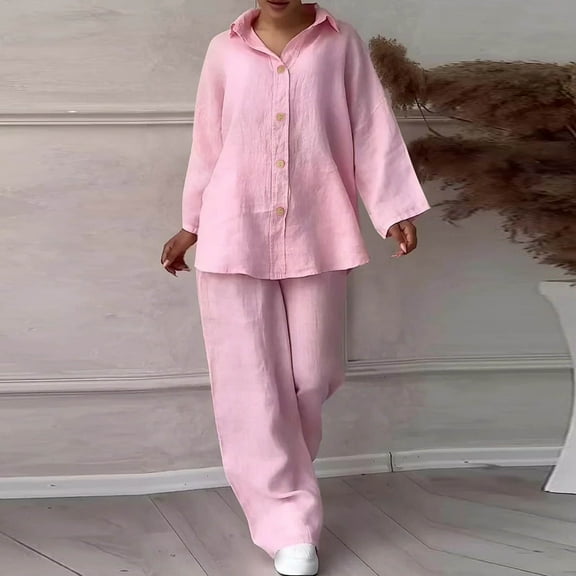 BLTIBY 2 Piece Sets for Women Summer 2025 Long Sleeve Lapel Button Up Shirts Wide Leg Pant Set Plus Size Lightweight Outfits with Pockets Pink XL