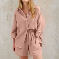 BLTIBY 2 Piece Sets for Women Summer 2025 Long Sleeve Waffle Lapel Button Up Shirts Wide Leg Shorts Set Lightweight Outfits with Pockets Brown M