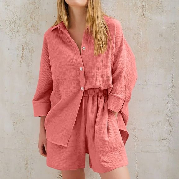 BLTIBY 2 Piece Sets for Women Summer 2025 Long Sleeve Waffle Lapel Button Up Shirts Wide Leg Shorts Set Lightweight Outfits with Pockets Orange L