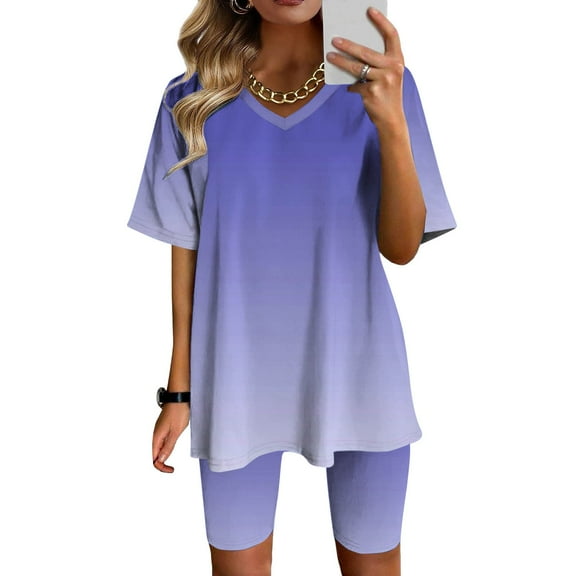 BLTIBY 2 Piece Sets for Women Summer Gradient Loose Short Sleeve V Neck Shirts Slim Pants Set Fashion Outfits Blue 3XL