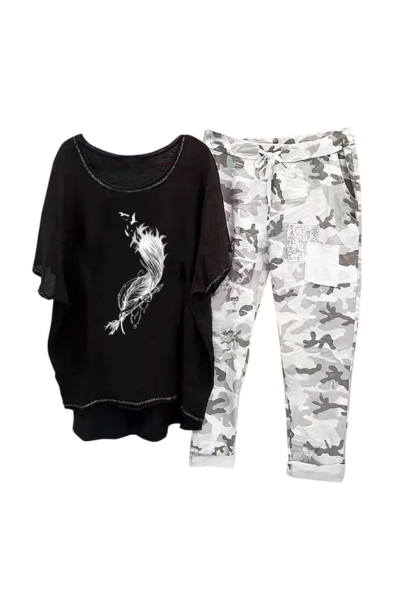 2 Piece Sets for Women Summer Loose Short Sleeve Round Neck Shirts Wide Leg Drawstring Pants Set Fashion Outfits with Pockets Black 2 S