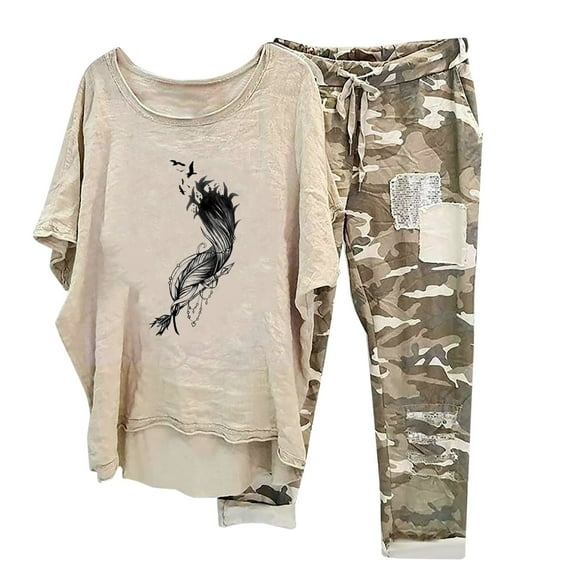 BLTIBY 2 Piece Sets for Women Summer Loose Short Sleeve Round Neck Shirts Wide Leg Drawstring Pants Set Fashion Outfits with Pockets Khaki 2 S