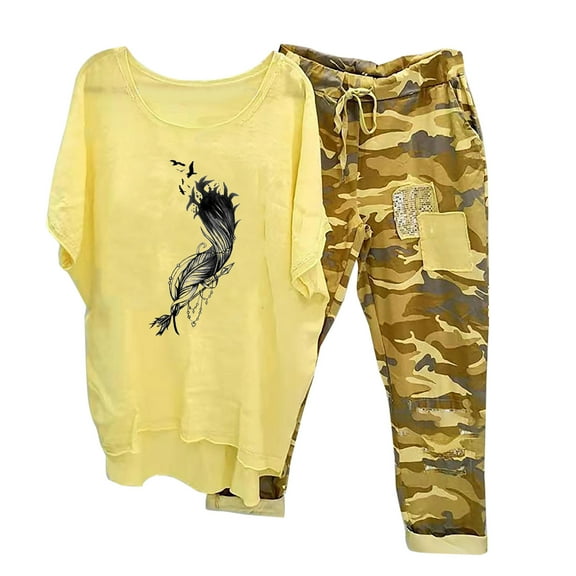 BLTIBY 2 Piece Sets for Women Summer Loose Short Sleeve Round Neck Shirts Wide Leg Drawstring Pants Set Fashion Outfits with Pockets Yellow 2 5XL