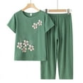 thumbnail image 1 of BLTIBY 2 Piece Sets for Women Summer Printed Loose Round Neck Short Sleeve Shirts Wide Leg Pant Matching Set Plus Size Vacation Outfits Green 4XL, 1 of 9
