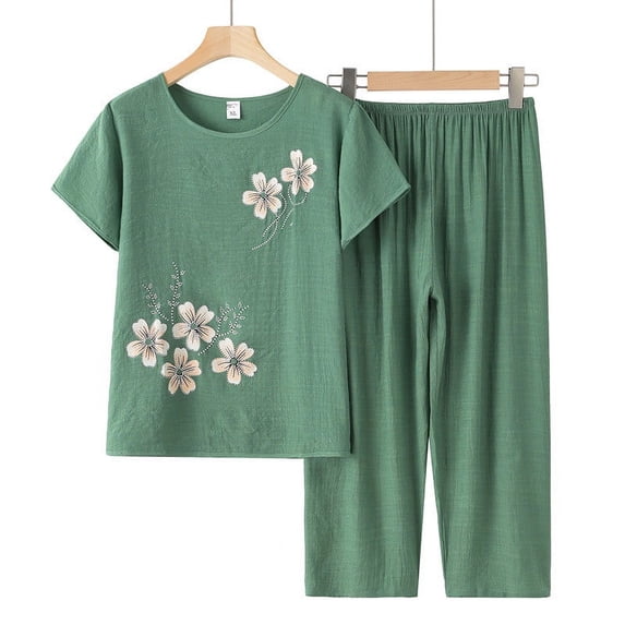 BLTIBY 2 Piece Sets for Women Summer Printed Loose Round Neck Short Sleeve Shirts Wide Leg Pant Matching Set Plus Size Vacation Outfits Green 4XL