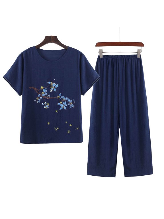 2 Piece Sets for Women Summer Printed Loose Short Sleeve Round Neck Shirts Wide Leg Pant Matching Set Plus Size Vacation Outfits 2025 Navy XL