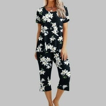 BLTIBY 2 Piece Sets for Women Summer Printed Loose Short Sleeve Round Neck Shirts Wide Leg Pants Set Comfortable Outfit Black 2 XXL