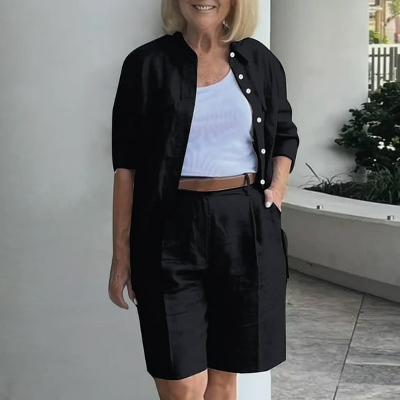 BLTIBY 2 Piece Sets for Women Summer Solid Color Loose Short Sleeve Lapel Button Shirts Wide Leg Shorts Vacation Outfits with Pockets 2025 Black 3XL