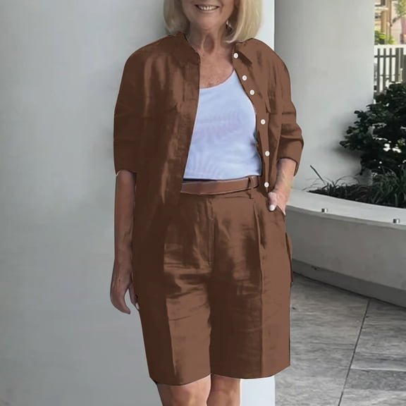 BLTIBY 2 Piece Sets for Women Summer Solid Color Loose Short Sleeve Lapel Button Shirts Wide Leg Shorts Vacation Outfits with Pockets 2025 Brown L