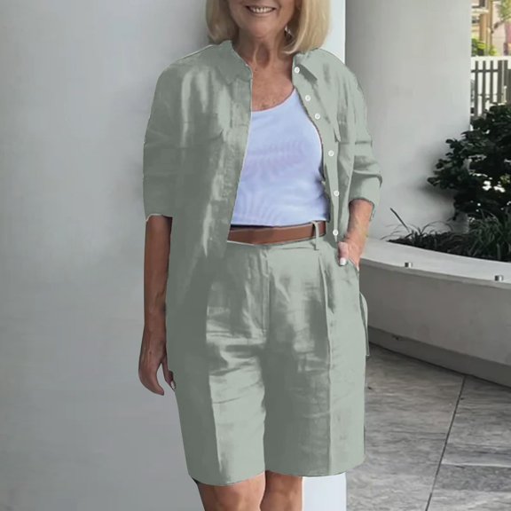 BLTIBY 2 Piece Sets for Women Summer Solid Color Loose Short Sleeve Lapel Button Shirts Wide Leg Shorts Vacation Outfits with Pockets 2025 Gray XL