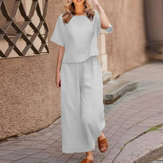 BLTIBY 2 Piece Sets for Women Summer Solid Color Loose Short Sleeve Round Neck Shirts Wide Leg Pants Matching Set Vacation Outfits 2025 Gray L