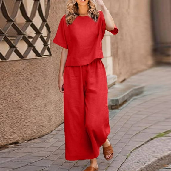 BLTIBY 2 Piece Sets for Women Summer Solid Color Loose Short Sleeve Round Neck Shirts Wide Leg Pants Matching Set Vacation Outfits 2025 Red XL