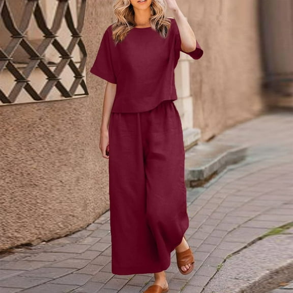 BLTIBY 2 Piece Sets for Women Summer Solid Color Loose Short Sleeve Round Neck Shirts Wide Leg Pants Matching Set Vacation Outfits 2025 Wine XL